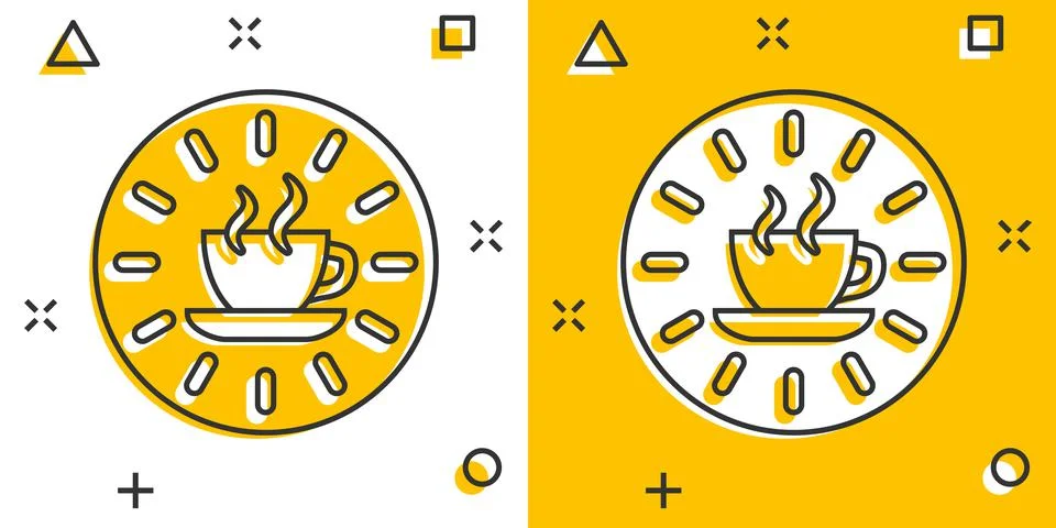 Coffee break icon in comic style. Clock with tea cup cartoon vector illustrat 스톡 일러스트