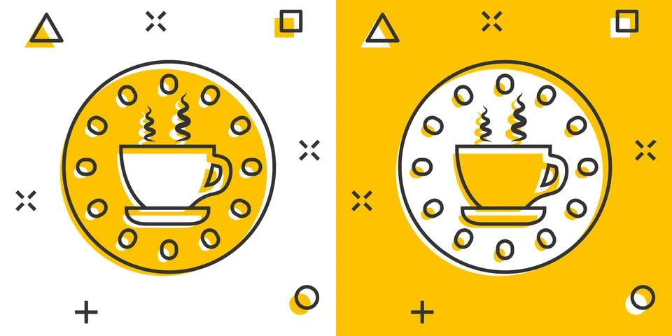 Coffee break icon in comic style. Clock with tea cup cartoon vector illustrat Illustrazione stock