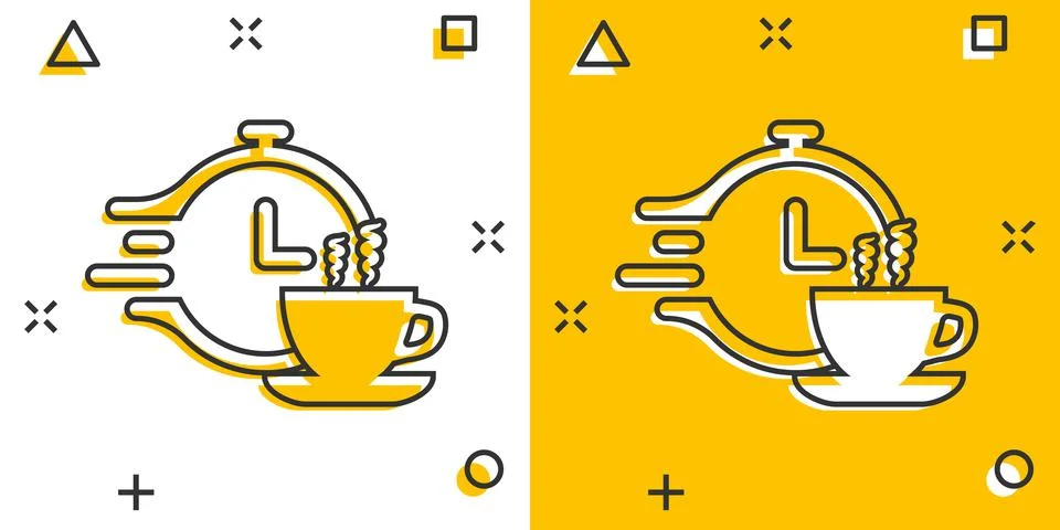 Coffee break icon in comic style. Clock with tea cup cartoon vector illustrat Stockillustratie