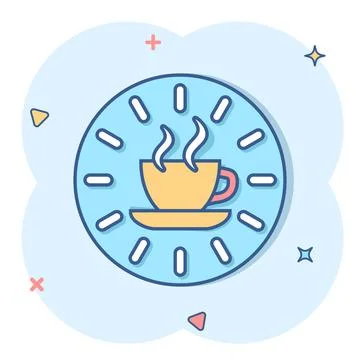 Coffee break icon in comic style. Clock with tea cup cartoon vector illustrat Ilustración de archivo