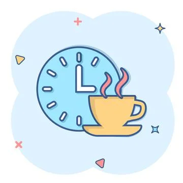 Coffee break icon in comic style. Clock with tea cup cartoon vector illustrat Stockillustratie