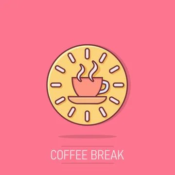 Coffee break icon in comic style. Clock with tea cup cartoon vector illustr.. Illustrazione stock