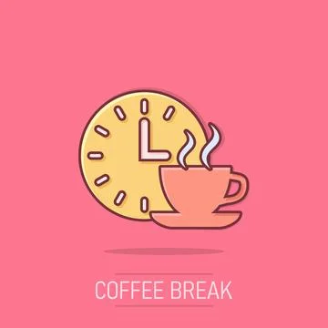 Coffee break icon in comic style. Clock with tea cup cartoon vector illustr.. Illustrazione stock