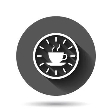 Coffee break icon in flat style. Clock with tea cup vector illustration on bl Illustrazione stock