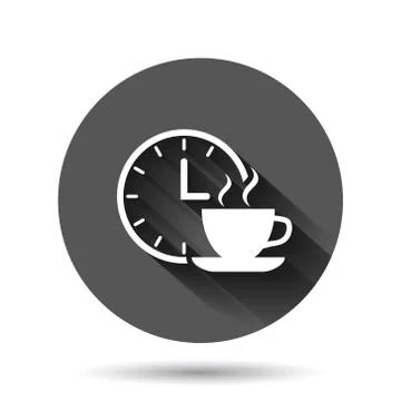 Coffee break icon in flat style. Clock with tea cup vector illustration on bl Illustrazione stock