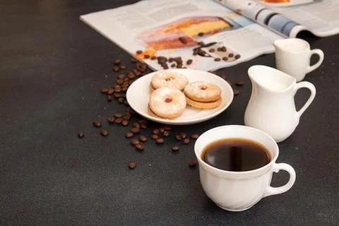 Coffee break. Morning breakfast. Cup of coffee and cookies Stock Photos
