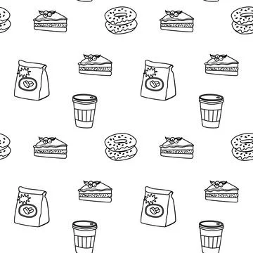 Coffee break pattern with cups, pastries, and sandwiches for cafeteria decor Stock Illustration