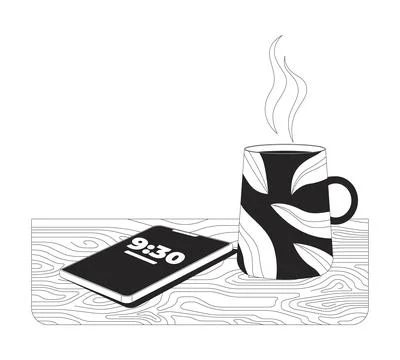 Coffee break with phone aside 2D line object Stock Illustration