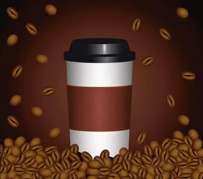 Coffee break poster with plastic pot and seeds in brown background Illustration