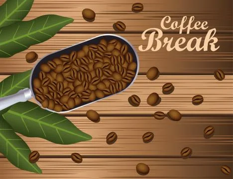 Coffee break poster with spoon and grains in wooden background Illustration