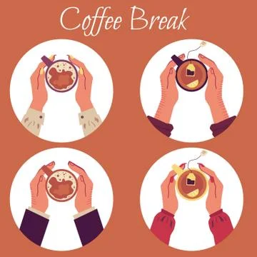Coffee break poster with top view of hands holding cups of hot drink Stock Illustration