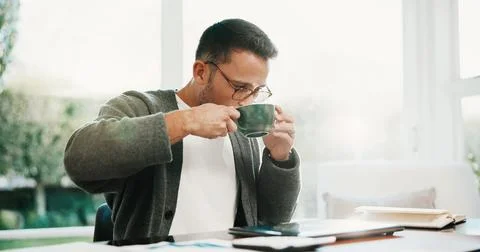 Coffee break, remote work and man done in house for account manager, client Stock Photos
