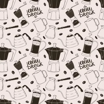 Coffee break seamless pattern doodle vector with moka pot, grinder, cezve and イラスト素材