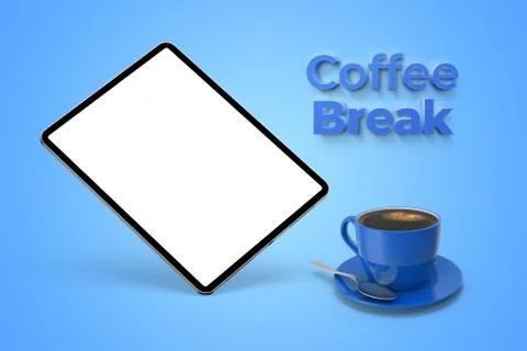 Coffee break text and floating tablet mockup and coffee cup on the blue isola Stock Illustration