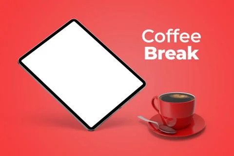 Coffee break text and floating tablet mockup and coffee cup on the red isolat Stock Illustration