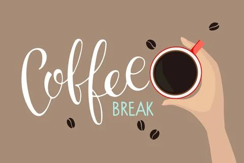 Coffee break text with two coffee mugs. Hands holds cups of hot drink. Vector Illustrazione stock