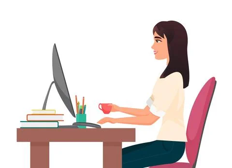 Coffee break time at office workplace, businesswoman drinking coffee, working at Stock Illustration