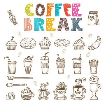 Coffee break. Vector doodle set. Hand drawn coffee elements Stock Illustration