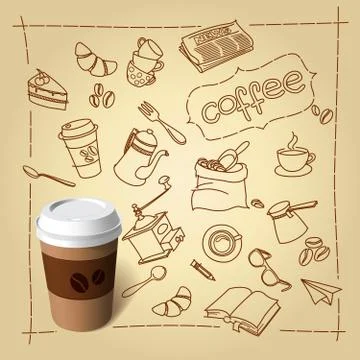 Coffee break vector doodles and paper cap Stock Illustration