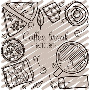 Coffee break vector sketch set. Hand drawn design elements Illustrazione stock