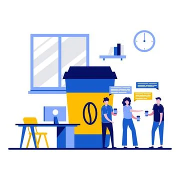 Coffee break at work concept with tiny character. People communicate and di.. Stock Illustration