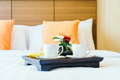 Coffee for breakfast on bed Stock Photos