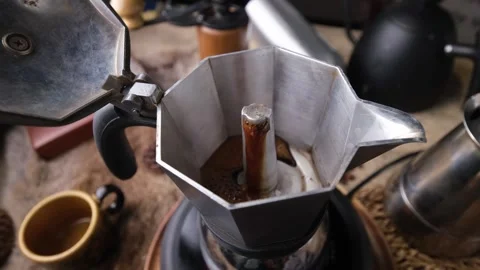 Coffee brewing in espresso maker moka pot. Stock Footage 297435730