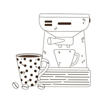Coffee brewing methods, coffee machine with cups and seeds line style Illustrazione stock