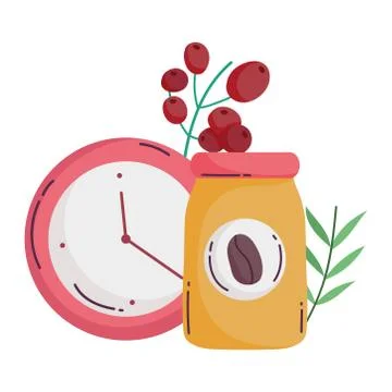 Coffee brewing methods, container with coffee product and clock time Stock Illustration