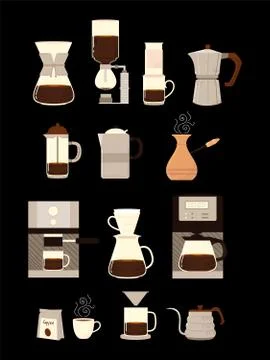 Coffee brewing methods, different alternative process making coffee and cups Stock Illustration
