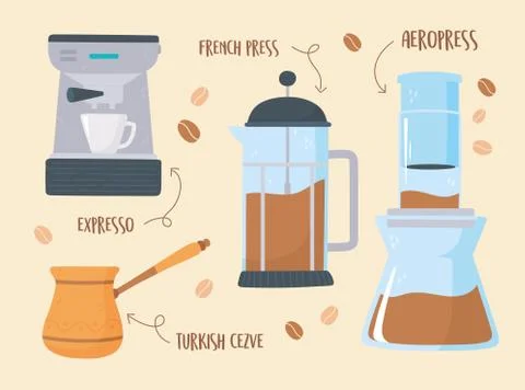 Coffee brewing methods, different maker process fresh coffee Stock Illustration