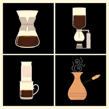 Coffee brewing methods, different ways of making hot energy drink Stock Illustration