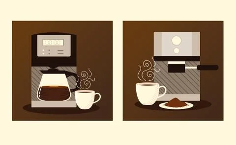 Coffee brewing methods, digital and espresso machine appliance and cups Stock Illustration