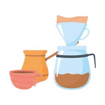 Coffee brewing methods, drip brew turkish and cup Stock Illustration