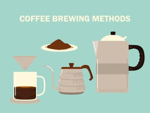 Coffee brewing methods, drip cup kettle and pot with seeds Illustrazione stock
