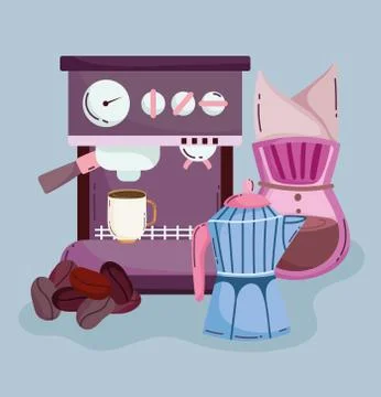 Coffee brewing methods, espresso machine kettle drip maker and seeds Stock Illustration