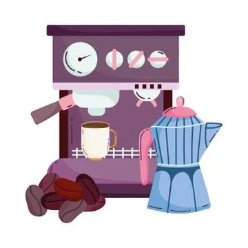 Coffee brewing methods, espresso machine kettle and seeds Illustrazione stock