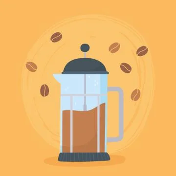 Coffee brewing methods, french press with seeds background Illustrazione stock