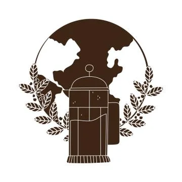 Coffee brewing methods, french press world branches with seeds silhouette icon Stock Illustration