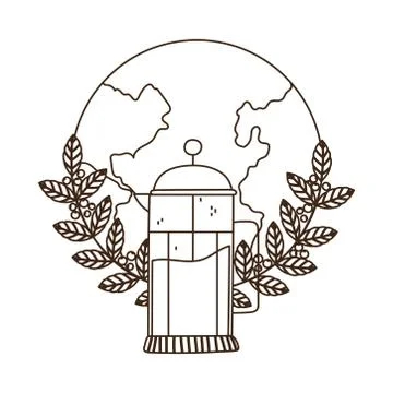Coffee brewing methods, french press world branches with seeds line style Stock Illustration