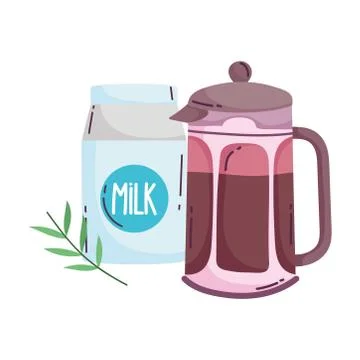 Coffee brewing methods, french press and milk box Illustrazione stock