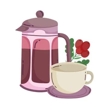 Coffee brewing methods, french press and cup on saucer with seeds Stock Illustration