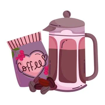 Coffee brewing methods, french press pack and dry seeds Illustrazione stock