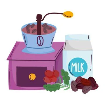 Coffee brewing methods, grinder manual milk box and seeds 스톡 일러스트