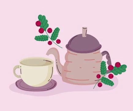 Coffee brewing methods, kettle cup and branch with seeds Illustrazione stock
