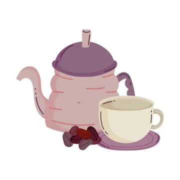 Coffee brewing methods, kettle cup on saucer and seeds Stock Illustration
