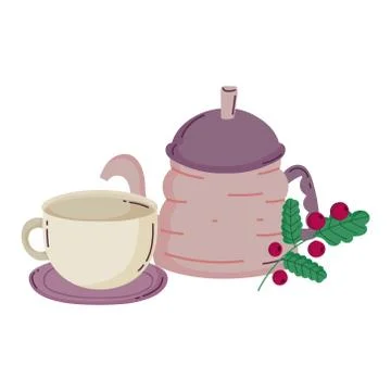 Coffee brewing methods, kettle cup and branch with seeds Illustrazione stock