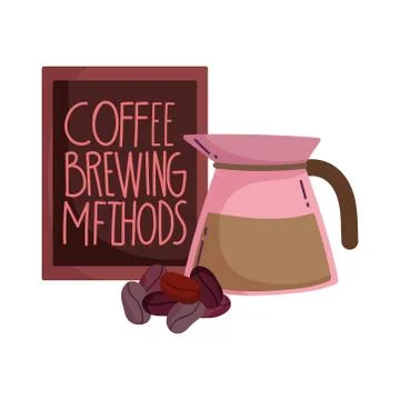Coffee brewing methods, kettle dry seeds and restaurant board Illustrazione stock