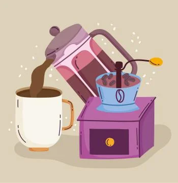 Coffee brewing methods, kettle pouring in cup and grinder manual Stock-Illustration