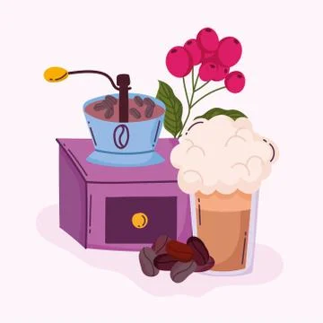 Coffee brewing methods, manual grinder frappe and seeds Stock Illustration